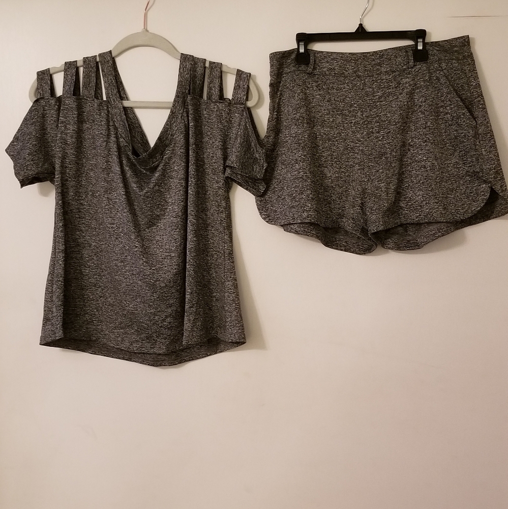 Grey belted top and high waist shorts